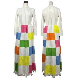 Vintage 70s Cream Crochet Long Sleeve Patchwork Tassel Trim Boho Maxi Dress S